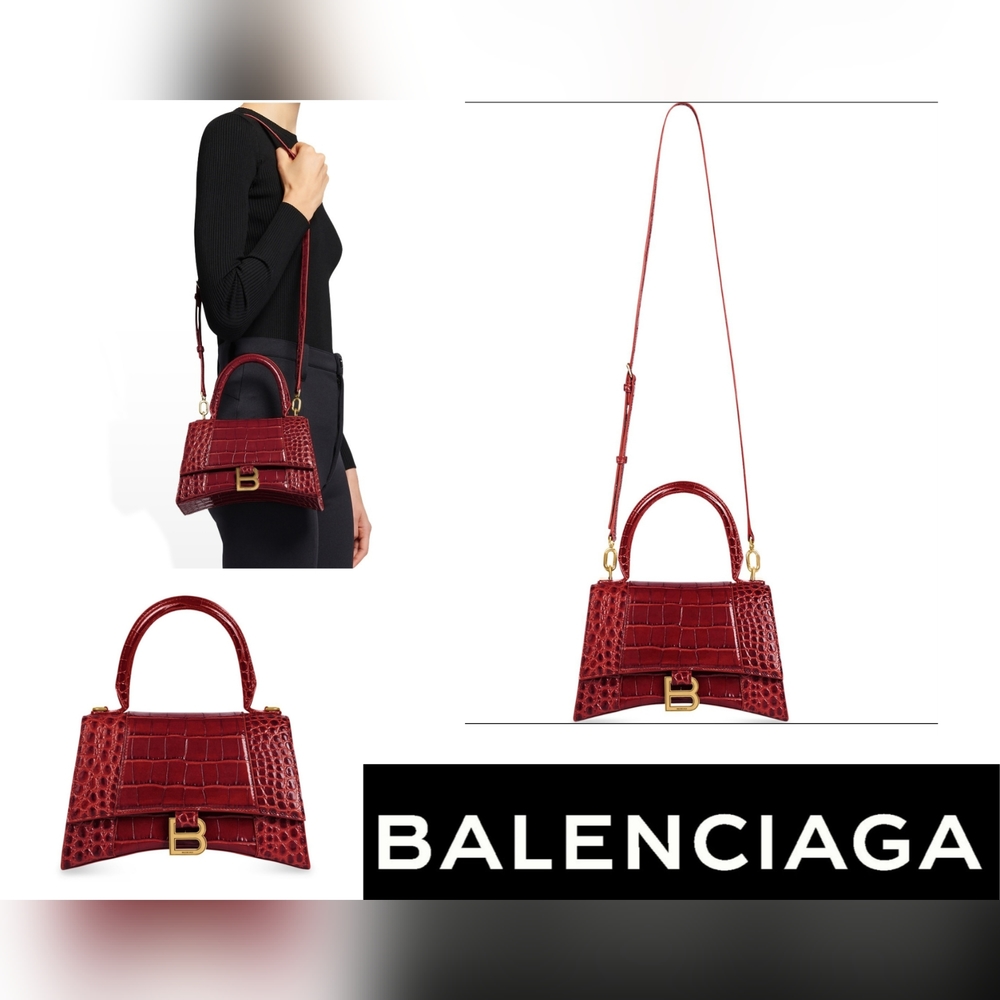 🎉LIKE NEW BALENCIAGA HOURGLASS SMALL HANDBAG CROCODILE EMBOSSED IN DARK RED
